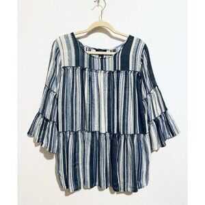 Cocomo Top Womens 1X Blue Striped Ruffle Layered Bell Sleeve Flowy Boho Peasant